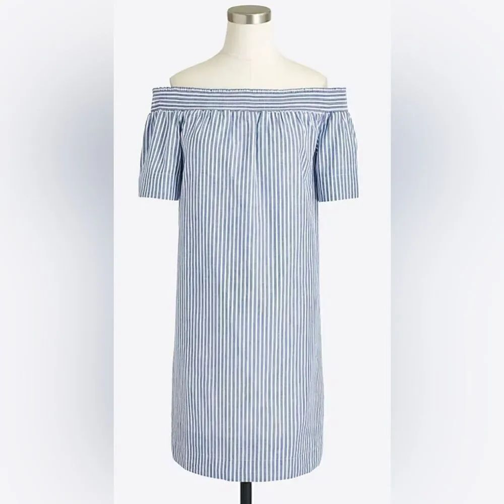 J. Crew Blue Striped linen Cotton Blend Off-Shoulder Dress Size 2